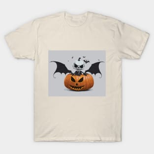 Halloween scary skeleton with bat wings and horror pumpkin T-Shirt